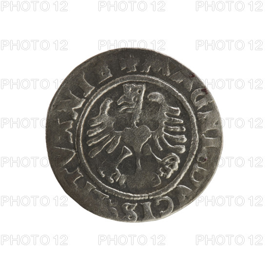 Lithuanian half-grosz, Sigismund I the Old (king of Poland; 1506–1548); Polish coin (Jagiellon dynasty); silver; emblems: Eagle (Polish crowned eagle) and Pursuer (Lithuanian); Obverse: Pursuer turned left, in rim between pearl borders inscription '+ COIN:, I, ISMVNDI, 1, Z6'; Reverse: Polish crowned eagle, in rim between pearl borders inscription '+ MAGNI, DVCIS:, ITVANI, 1526'; dated 1526; place: Vilnius, Grand Duchy of Lithuania (Poland–Lithuania).