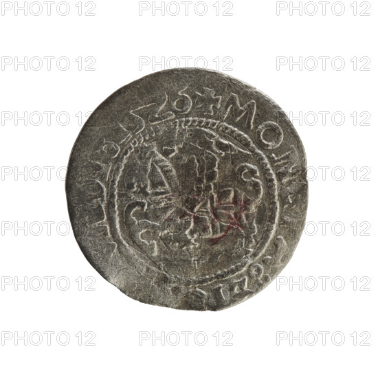 Lithuanian half-grosz, Sigismund I the Old (king of Poland; 1506–1548). R8 (rarity). Polish coin from the Jagiellonian dynasty. Obverse: Chaser (Chaser turned left), in the rim between pearl borders an inscription: + MON, TA:, I:15Z6. Reverse: Polish crowned Eagle, in the rim between pearly borders an inscription: DVCI, LI, 1526. Grand Duchy of Lithuania; Vilnius; Poland.