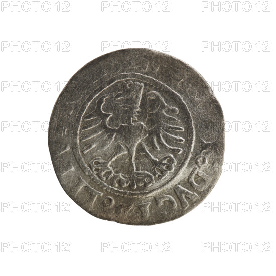 Lithuanian half-grosz, Sigismund I the Old (king of Poland; 1506–1548). R8 (rarity). Polish coin from the Jagiellonian dynasty. Obverse: Chaser (coat of arms; Lithuania) turned left; in the rim between pearl borders an inscription: + MON, TA:, I:15Z6. Reverse: Polish crowned eagle; in the rim between pearly borders an inscription: DVCI, LI, 1526. Grand Duchy of Lithuania, Vilnius.