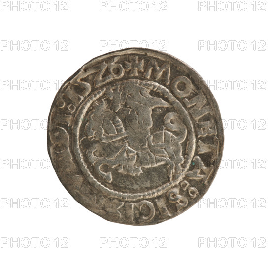 Lithuanian half-grosz, Sigismund I the Old (king of Poland; 1506–1548), 1526. Silver coin (Polish–Lithuanian). Obverse: Pursuer (Pogonia) turned left; in the rim between pearl borders an inscription: + COIN:SIGI, I:15Z6. Reverse: Polish crowned eagle; in the rim between pearl borders an inscription: + MAGNI:DVCIS:LITVANIE. Style: Jagiellon-era emblems (eagle, Pursuer). Function: coinage of the Grand Duchy of Lithuania, Vilnius.