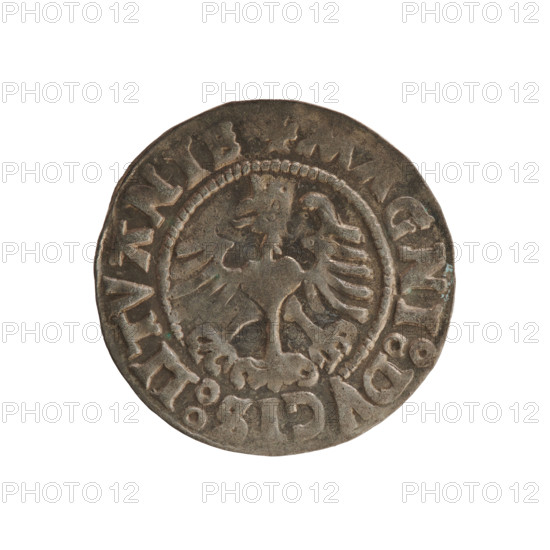 Lithuanian half-grosz, Sigismund I the Old (king of Poland; 1506–1548). Obverse: Pursuer (Lithuanian emblem) turned left; in the rim between pearl borders an inscription: + COIN:SIGI, I:15Z6. Reverse: Polish crowned eagle; in the rim between pearly borders an inscription: + MAGNI:DVCIS:LITVANIE. Dated 1526.