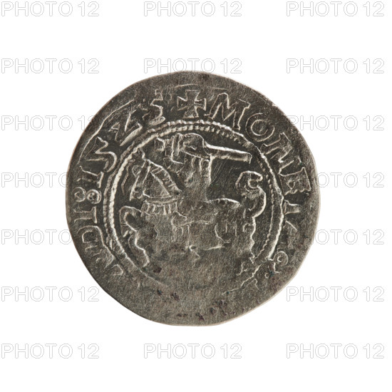 Lithuanian half-grosz, Sigismund I the Old (King of Poland; 1506–1548). Obverse: Pogon (Lithuanian coat of arms) turned left; in the rim between pearly borders an inscription: + MONE, DI:15Z. Reverse: Polish crowned eagle; in the rim between pearly borders an inscription: + MAGNI:DVCI, VANIE, 1526. Polish coin (Jagiellon dynasty), Grand Duchy of Lithuania, struck in Vilnius.