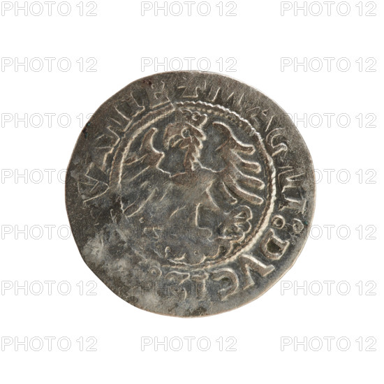 Lithuanian half-grosz, Sigismund I the Old (King of Poland; 1506–1548). Obverse: Pogon turned left; in the rim between pearly borders an inscription: + MONE, DI:15Z. Reverse: Polish crowned eagle; in the rim between pearly borders an inscription: + MAGNI:DVCI, VANIE, 1526. Polish coin of the Jagiellon dynasty incorporating coats of arms (eagle; Pogon). Grand Duchy of Lithuania, Vilnius.
