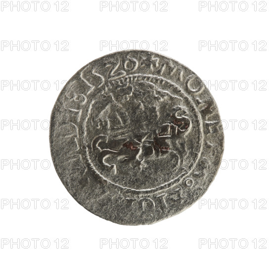 Lithuanian half-grosz, Sigismund I the Old (king of Poland; 1506–1548). Silver coin (1526). Obverse: Pursuer (Pogonia) turned left; rim between pearl borders with inscription '+ MONE, I, DI:15Z6'. Reverse: Polish crowned eagle; rim between pearl borders with inscription '+ M, DVCIS, L, 1526'. Emblems: Polish eagle and Pursuer; Jagiellon dynasty; associated with Poland and the Grand Duchy of Lithuania, Vilnius.