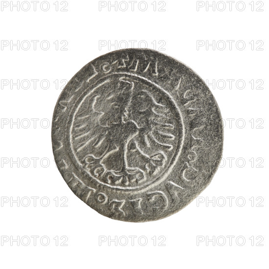 Lithuanian half-grosz, Sigismund I the Old (king of Poland; 1506–1548). Silver coin (half-grosz), 1526. Obverse: Pursuer (Pogonia) turned left; in the rim between pearl borders an inscription: + MONE, I, DI:15Z6. Reverse: Polish crowned eagle; in the rim between pearly borders an inscription: + M, DVCIS, L, 1526. Subjects/emblems: emblems, eagles, Eagle (emblem), Pursuer (emblem; Lithuania).