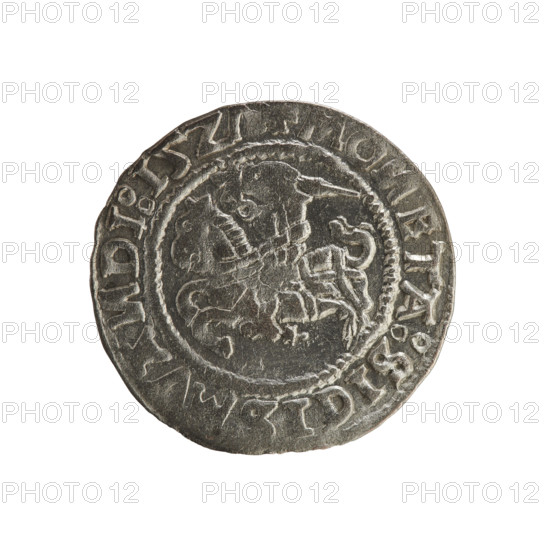 Lithuanian half-grosz, Sigismund I the Old (king of Poland; 1506–1548). Polish coin of the Jagiellon dynasty. Obverse: Pursuer (Pogrzywiec) turned left; in the rim between pearl borders an inscription: +MO, ETA:SIGISMVA, DI:15Z. Reverse: Polish crowned eagle; in the rim between pearl borders an inscription: +MAGNI:, :LITVANIE, 1527. Grand Duchy of Lithuania, Vilnius.