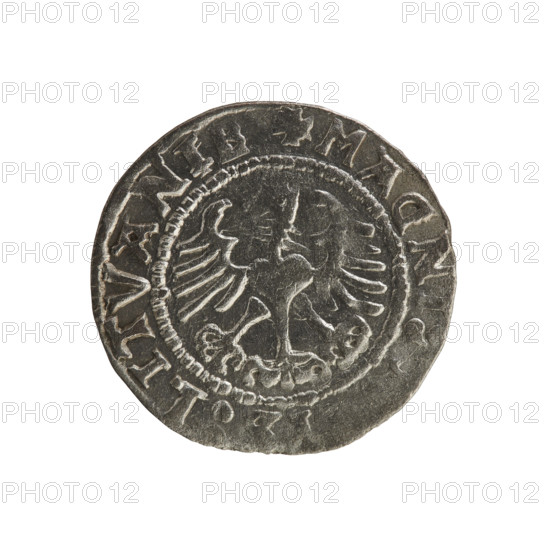 Lithuanian half-grosz, Sigismund I the Old (king of Poland; 1506–1548). Obverse: Pursuer turned left; in the rim between pearl borders an inscription: + MO, ETA:SIGISMVA, DI:15Z. Reverse: Polish crowned eagle; in the rim between pearly borders an inscription: + MAGNI:, :LITVANIE, 1527. Silver coin, Jagiellon dynasty; emblems: eagle and Pursuer (Lithuania). Minted in Vilnius, Grand Duchy of Lithuania.