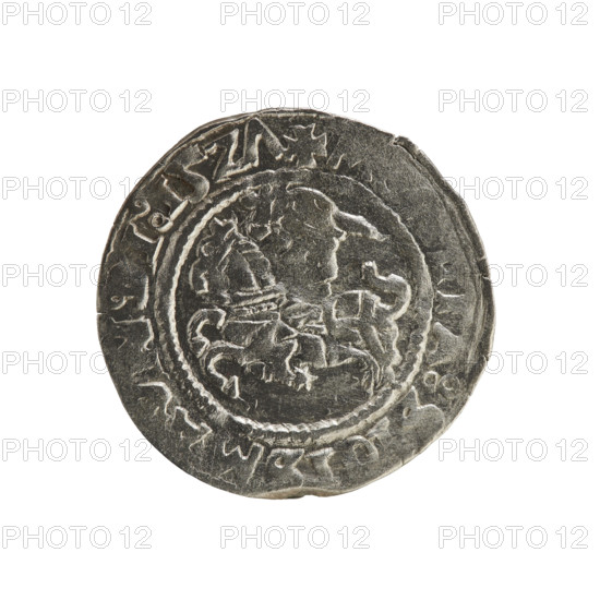 Lithuanian half-grosz, Sigismund I the Old (King of Poland; 1506–1548). Obverse: Pogon (Lithuanian coat of arms) turned left; in the rim between pearly borders an inscription: + A:S GISMAVNDI:15Z7. Reverse: Polish crowned eagle; in the rim between pearly borders an inscription: + MANI: VANIE:. Dated 1527. Coin struck in Vilnius, Grand Duchy of Lithuania (Poland–Lithuania).