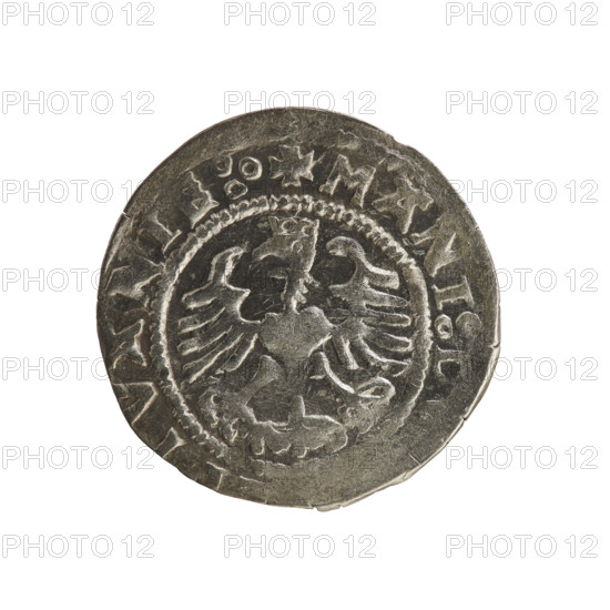 Lithuanian half-grosz, Sigismund I the Old (King of Poland; 1506–1548). Obverse: Pogon (Lithuanian coat of arms) turned left; in the rim between pearly borders an inscription: + A:S GISMAVNDI:15Z7. Reverse: Polish crowned eagle; in the rim between pearly borders an inscription: + MANI: VANIE:. 1527. Coin minted in Vilnius, Grand Duchy of Lithuania (Poland–Lithuania).