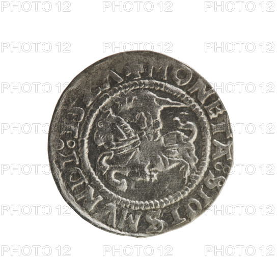 Lithuanian half-grosz, Sigismund I the Old (king of Poland; 1506–1548). Obverse: Pursuer (Lithuanian emblem) turned left; in the rim between pearl borders an inscription: + ONETA:SIGISMVNDI:15 7. Reverse: Crowned Polish eagle; in the rim between pearl borders an inscription: MAG I:DVCIS:LITVA I 1527. Polish coins; Jagiellon dynasty; emblems: eagle and pursuer. Minted in Vilnius, Grand Duchy of Lithuania, 1527.