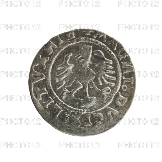 Lithuanian half-grosz, Sigismund I the Old (king of Poland; 1506–1548). Silver coin (half-grosz), 1527, struck in Vilnius, Grand Duchy of Lithuania. Obverse: Pursuer (Pogonia) turned left; in rim between pearl borders inscription '+ ONETA:SIGISMVNDI:15 7'. Reverse: Crowned Polish Eagle; in rim between pearl borders inscription 'MAG I:DVCIS:LITVA I 1527'. Jagiellon dynasty; motifs: eagles and heraldic Pursuer.