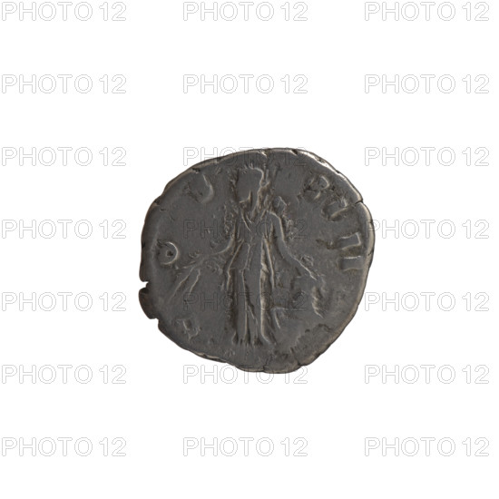 Denarius of Antoninus Pius (86–161; Roman emperor 138–161). Obverse: head of the emperor in a laurel wreath facing right, inscription A TONINVS AVG PI - VS PP TR P XVII. Reverse: Annona (personification) stands left, holds ears of corn in her right hand, rests her left on a container (modius) standing on a ship, inscription C OS - IIII. Date: 153–154. Roman Empire (27 BC–476). Mint: Rome. Coin: silver; diameter 18.5 mm; weight 2.97 g; axis 0°.