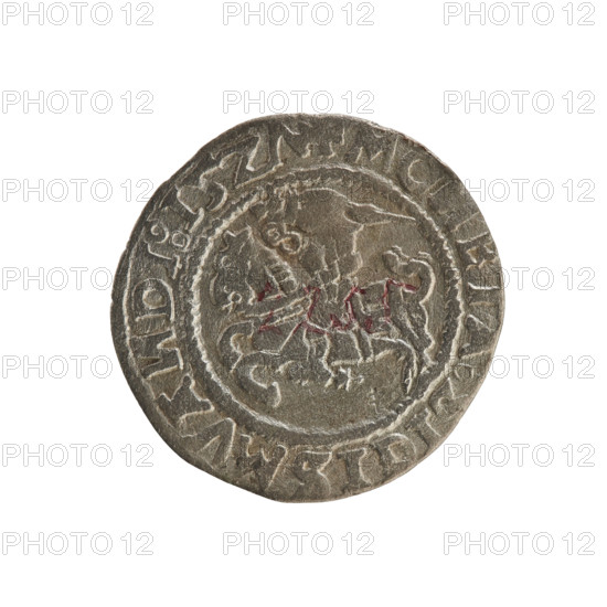 Lithuanian half-grosz, Sigismund I the Old (king of Poland; 1506–1548). R8 (rarity). Polish coin of the Jagiellonian dynasty; materials/style: coin; date: 1527. Obverse: Chaser (Chaser turned left), in the rim between pearl borders an inscription: MO ETA IGISMVANDI:1527. Reverse: Polish crowned eagle, in the rim between pearl borders an inscription: + MAGNI:DVCIS LVANIAE. Function: coin. Place: Vilnius, Grand Duchy of Lithuania.