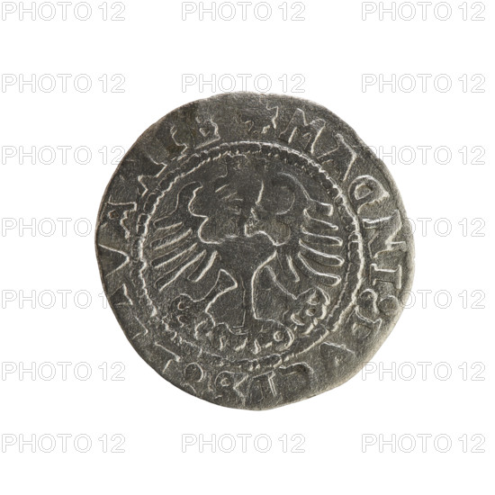 Lithuanian half-grosz, Sigismund I the Old (king of Poland; 1506–1548). R8 (rarity). Polish coin of the Jagiellonian dynasty. Obverse: Chaser (Chaser coat of arms; Lithuania) turned left; in the rim between pearl borders an inscription: MO ETA IGISMVANDI:1527. Reverse: Polish eagle with a crown; in the rim between pearly borders an inscription: + MAGNI:DVCIS:L:VANIE:1527. Silver coin; Grand Duchy of Lithuania, Vilnius, 1527.