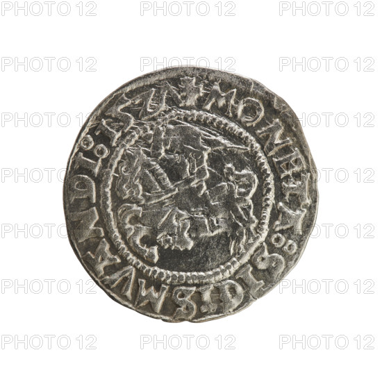 Lithuanian half-grosz, Sigismund I the Old (king of Poland; 1506–1548). Obverse: Pursuer (Lithuanian emblem) turned left; rim between pearl borders with inscription '+ COIN:SIGISMVANDI:15Z7'. Reverse: Polish crowned eagle; rim between pearl borders with inscription '+ MAGNI:DVCIS:LITVANIE:'. 1527. Coin of the Grand Duchy of Lithuania (Vilnius). Jagiellon dynasty; emblems: eagles. Materials: Polish coin.
