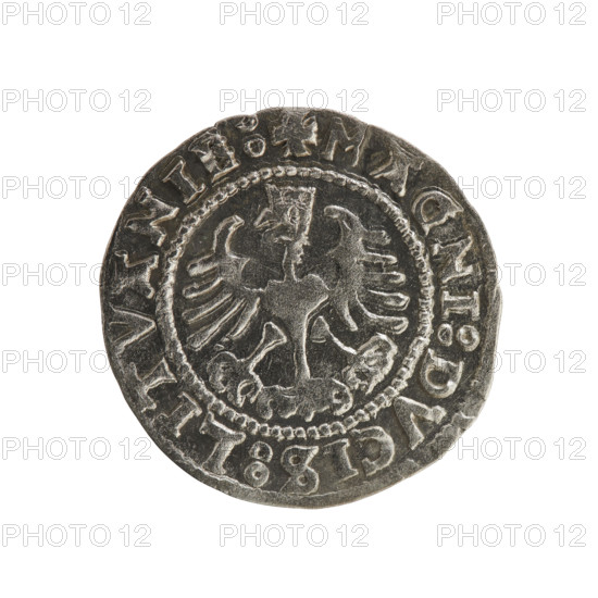 Lithuanian half-grosz, Sigismund I the Old (king of Poland; 1506–1548). Obverse: Pursuer turned left; in the rim between pearl borders an inscription: + COIN:SIGISMVANDI:15Z7. Reverse: Polish crowned eagle; in the rim between pearly borders an inscription: + MAGNI:DVCIS:LITVANIE:. 1527. Polish–Lithuanian coin, Grand Duchy of Lithuania, Vilnius.