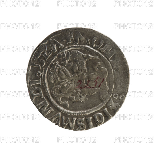 Lithuanian half-grosz, Sigismund I the Old (king of Poland; 1506–1548). Polish coin of the Jagiellonian dynasty; coats of arms include eagles and the Chaser (Lithuania). Obverse: Chaser turned left; in the rim between pearl borders an inscription: + MON:SIGISMVNDI. Reverse: Polish crowned eagle; in the rim between pearly borders an inscription: + MAGNI, CIS:LIT, ANI, 1527. Poland, Grand Duchy of Lithuania, Vilnius. R8 (rarity).