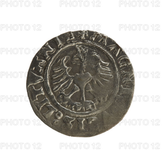 Lithuanian half-grosz, Sigismund I the Old (king of Poland; 1506–1548). Polish coin, 1527. Obverse: Chaser (coat of arms of Lithuania) turned left; in the rim between pearl borders an inscription: + MON:SIGISMVNDI. Reverse: Polish crowned eagle; in the rim between pearly borders an inscription: + MAGNI, CIS:LIT, ANI, 1527. Category: Polish coins; Jagiellonians dynasty; coats of arms; eagles. Minted in Vilnius, Grand Duchy of Lithuania.