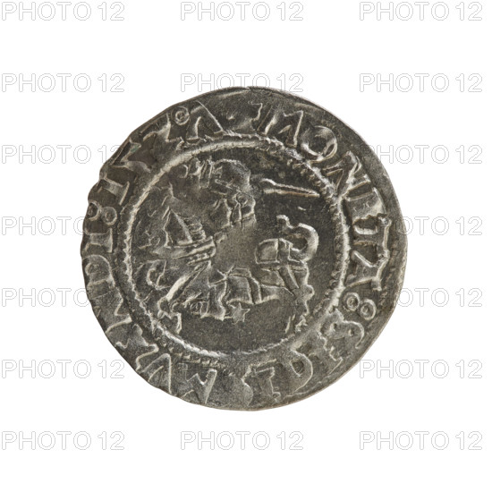 Lithuanian half-grosz, Sigismund I the Old (king of Poland; 1506–1548). Obverse: Pursuer turned left; in the rim between pearl borders an inscription: + COIN:SIGI, MVANDI:15Z.7. Reverse: Polish eagle with a crown; in the rim between pearly borders an inscription: + MAGNIE, VCIS:LITANIE.:., dated 1527. Silver coin, Jagiellon dynasty; emblems: eagle and Pursuer (Lithuania).