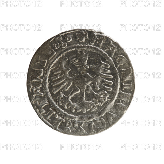 Obverse: Pursuer turned left; in the rim between pearl borders an inscription: + COIN:SIGI, MVANDI:15Z.7. Reverse: Polish crowned eagle; in the rim between pearly borders an inscription: + MAGNIE, VCIS:LITANIE.:. Date: 1527. Lithuanian half-grosz of Sigismund I the Old (reigned 1506–1548). Materials/style: coin; Jagiellon dynasty emblems (eagle, Pursuer). Origin: Grand Duchy of Lithuania, Vilnius.