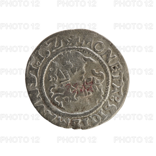 Lithuanian half-grosz, Sigismund I the Old (king of Poland; 1506–1548). R8 (rarity). Polish coin of the Jagiellonian dynasty. Obverse: Chaser (Chaser coat of arms; Lithuania) turned left; in the rim between pearl borders an inscription: COIN:SIGISMAVNDI:15Z7. Reverse: Polish crowned eagle; in the rim between pearl borders an inscription: + MAGNI:DVCIS:LITVAN :, 1527. Material: coin; place: Grand Duchy of Lithuania, Vilnius.