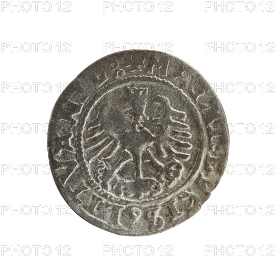Lithuanian half-grosz, Sigismund I the Old (king of Poland; 1506–1548). R8 (rarity). Polish coin from 1527, Grand Duchy of Lithuania, Vilnius. Obverse: Chaser (coat of arms of Lithuania) turned left; in the rim between pearl borders an inscription: COIN:SIGISMAVNDI:15Z7. Reverse: Polish crowned eagle; in the rim between pearly borders an inscription: + MAGNI:DVCIS:LITVAN. Related subjects: Jagiellonians (dynasty); coats of arms, eagles.