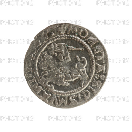 Lithuanian half-grosz, Sigismund I the Old (King of Poland; 1506–1548). Silver coin (half-grosz), 1527. Obverse: Pogon (Lithuanian coat of arms) turned left; in the rim between pearly borders an inscription: + MO TA:SIGISMVA DI. Reverse: crowned Polish eagle; in the rim between pearly borders an inscription: + MAGNI:DVCIS:LITVANIE. Grand Duchy of Lithuania, Vilnius.