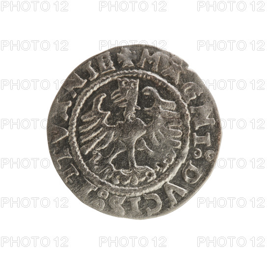 Lithuanian half-grosz, Sigismund I the Old (King of Poland; 1506–1548). Obverse: Pogon (Lithuanian coat of arms) turned left; in the rim between beaded borders an inscription: + MO, TA:SIGISMVA, DI, 7. Reverse: Polish crowned eagle; in the rim between beaded borders an inscription: + MAGNI:DVCIS:LITVANIE. Dated 1527. Coin from Grand Duchy of Lithuania, struck in Vilnius.