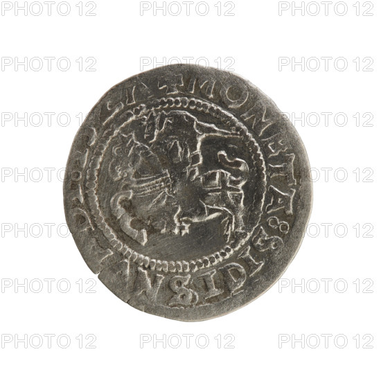 Lithuanian half-grosz, Sigismund I the Old (king of Poland; 1506–1548). Silver coin (half-grosz), 1527. Obverse: Pursuer (Lithuanian emblem) turned left, rim inscription + COIN:SIGISM between pearl borders. Reverse: Crowned Polish eagle, rim inscription + MAGNI, LTVANIE:, between pearl borders. Jagiellon dynasty; Poland and Grand Duchy of Lithuania; Vilnius.