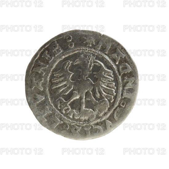 Lithuanian half-grosz, Sigismund I the Old (king of Poland; 1506–1548). Polish coin of the Jagiellon dynasty, 1527. Obverse: Pursuer (Lithuanian emblem) turned left; rim between pearl borders with inscription '+ COIN:SIGISM'. Reverse: Crowned Polish eagle; rim between pearl borders with inscription '+ MAGNI, LTVANIE:'. Minted in Vilnius, Grand Duchy of Lithuania.