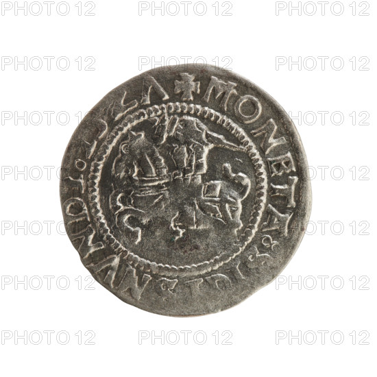 Lithuanian half-grosz, Sigismund I the Old (king of Poland; 1506–1548). Silver coin (half-grosz), 1527. Obverse: Pursuer (Lithuanian emblem) turned left; rim between pearl borders with inscription '+ MONETA, MVNDI, 15Z7'. Reverse: Crowned Polish eagle; rim between pearl borders with inscription 'MAGNI:SIGIS:LITVAN, 1527'. Emblems: eagle and pursuer. Polish–Lithuanian (Jagiellon) period.