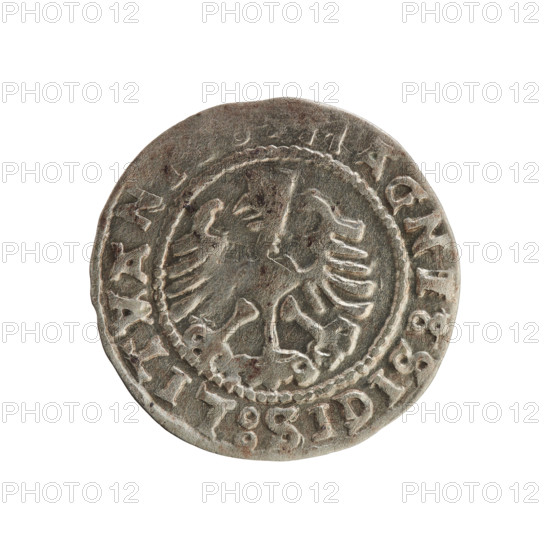 Lithuanian half-grosz, Sigismund I the Old (king of Poland; 1506–1548). Polish coin of the Jagiellon dynasty. Obverse: Pursuer (Lithuanian emblem) turned left; in the rim between pearl borders an inscription: + MONETA, MVNDI, 15Z7. Reverse: Crowned Polish eagle; in the rim between pearl borders an inscription: MAGNI:SIGIS:LITVAN, 1527. Grand Duchy of Lithuania, Vilnius.