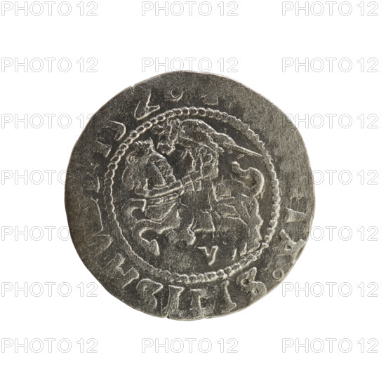 Lithuanian half-grosz, Sigismund I the Old (king of Poland; 1506–1548). Silver coin (half-grosz), 1528. Obverse: Pursuer (Pogonia) turned left; rim with pearl borders and inscription 'TA SIGISMV Z' (or similar). Reverse: Crowned Polish eagle; rim with pearl borders and inscription '+ MA DVCI VANIE 1528'. Style: Jagiellon-era Polish–Lithuanian coinage; emblems include eagle and Pursuer. Minted in Vilnius, Grand Duchy of Lithuania, Poland.