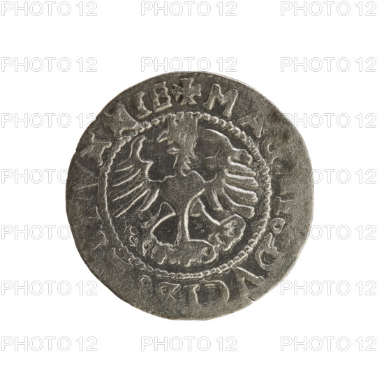 Lithuanian half-grosz, Sigismund I the Old (king of Poland; 1506–1548). Polish coin (Jagiellon dynasty). Obverse: Pursuer (Lithuanian emblem) turned left; in rim between pearl borders an inscription: TA, SIGISMV, Z. Reverse: Crowned Polish eagle; in rim between pearl borders an inscription: + MA, DVCI, VANIE, 1528. Material: coin. Place: Poland, Grand Duchy of Lithuania, Vilnius.