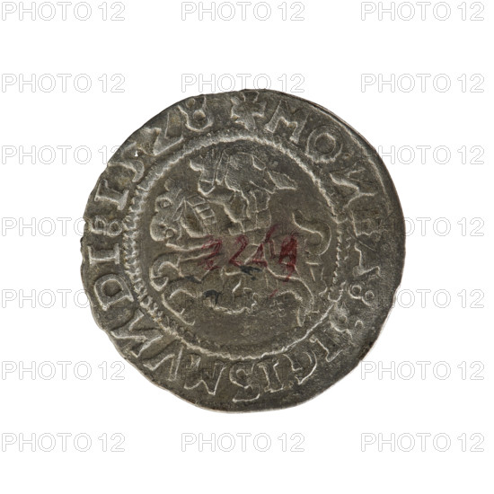 Lithuanian half-grosz, Sigismund I the Old (king of Poland; 1506–1548). R8 (rarity). Polish coin from 1528, Jagiellonian dynasty. Obverse: Chaser (Chaser coat of arms; Lithuania) turned left; in the rim between pearl borders an inscription: + MO, E, :SIGISMV, DI:15Z8. Reverse: Polish eagle with a crown; in the rim between pearl borders an inscription: + MAGNI:DVC, VANIE, 1528. Material: coin. Place: Vilnius, Grand Duchy of Lithuania, Poland.