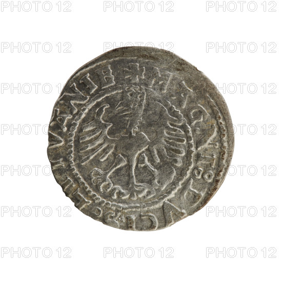 Lithuanian half-grosz, Sigismund I the Old (king of Poland; 1506–1548). R8 (rarity). Polish coin of the Jagiellonian dynasty, 1528. Obverse: Chaser (coat of arms; Lithuania) turned left; in the rim between pearl borders an inscription: + MO, E, :SIGISMV, DI:15Z8. Reverse: Polish crowned eagle; in the rim between pearl borders an inscription: + MAGNI:DVC, VANIE, 1528. Minted in Vilnius, Grand Duchy of Lithuania.