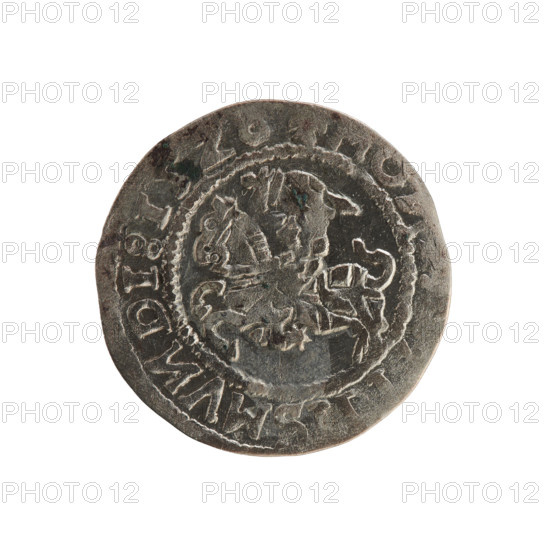 Lithuanian half-grosz, Sigismund I the Old (king of Poland; 1506–1548). Silver coin (half-grosz), 1528. Obverse: Pursuer turned left; in rim between pearl borders an inscription. Reverse: Crowned Polish eagle; in rim between pearl borders an inscription: + MAGNI:DVCIS:LITVANIE:. Emblems: eagles, Pursuer (Lithuania). Place: Vilnius, Grand Duchy of Lithuania.