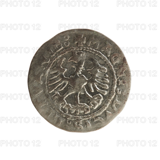 Lithuanian half-grosz, Sigismund I the Old (king of Poland; 1506–1548). Silver coin (half-grosz), 1528. Obverse: Pursuer turned left; in the rim between pearl borders an inscription and mintmark 'MV DI:15Z'. Reverse: Polish crowned eagle; in the rim between pearly borders an inscription '+ MAGNI:DVCIS:LITVANIE:'. Jagiellon dynasty; emblems: eagle and Pursuer. Grand Duchy of Lithuania, Vilnius.