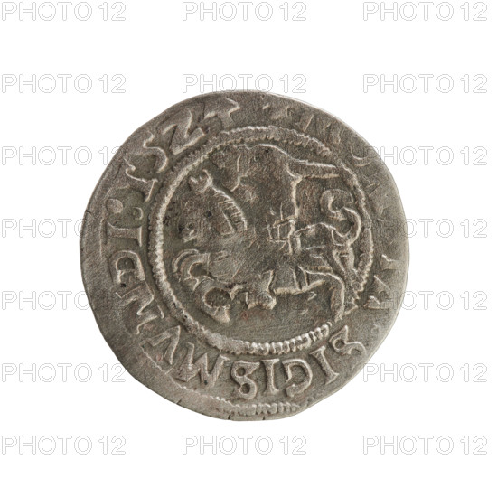 Lithuanian half-grosz, Sigismund I the Old (King of Poland; reign 1506–1548). Silver coin (1524). Obverse: Pogon (Lithuanian coat of arms) turned left; in rim between pearly borders inscription SIGISMVNDI:15Z4. Reverse: crowned Polish eagle; in rim between pearly borders inscription + MAGNIDVCIS:LITVANIE:. From Vilnius, Grand Duchy of Lithuania.