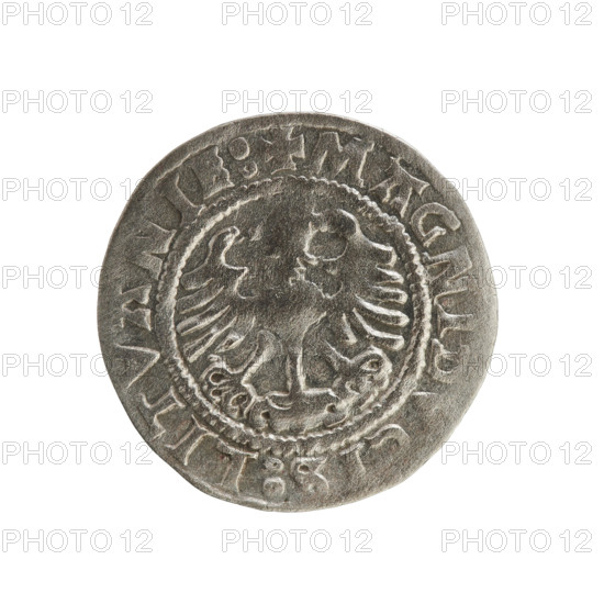 Lithuanian half-grosz, Sigismund I the Old (King of Poland; 1506–1548). Silver coin (half-grosz), 1524. Obverse: Pogon (Lithuanian knight) turned left; rim bears inscription SIGISMVNDI:15Z4 between pearly borders. Reverse: Polish crowned eagle; rim bears inscription + MAGNIDVCIS:LITVANIE: between pearly borders. Associated with Jagiellon dynasty; emblems: eagle and Pogon. Origin: Grand Duchy of Lithuania, Vilnius, Poland.