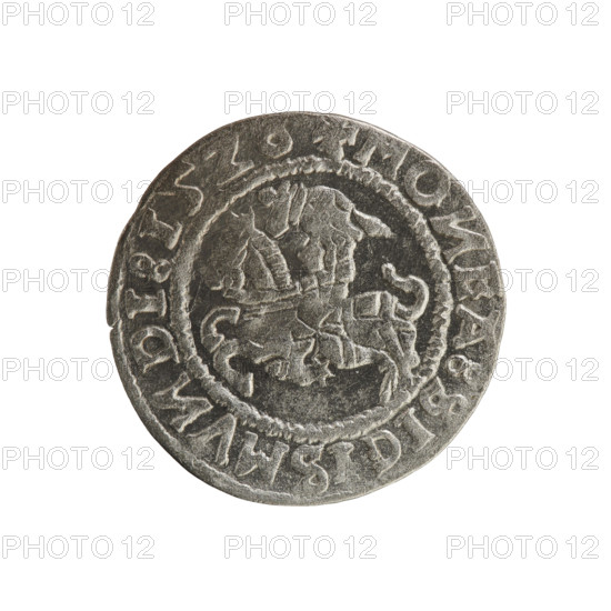 Lithuanian half-grosz, Sigismund I the Old (king of Poland; 1506–1548). Polish coin (Jagiellon dynasty). Obverse: Pursuer (emblem of Lithuania) turned left; in the rim between pearl borders an inscription: + MO, EA:SIGISMV, DI:15ZZ. Reverse: Polish eagle with a crown; in the rim between pearl borders an inscription: + MAGNI:DVCI, LITVANIE:, 1528. Minted in Vilnius, Grand Duchy of Lithuania.