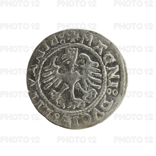 Lithuanian half-grosz, Sigismund I the Old (king of Poland; 1506–1548). Silver coin (half-grosz), 1528. Obverse: Pursuer (Lithuanian emblem) turned left; rim inscription between pearl borders: + MO, EA:SIGISMV, DI:15ZZ. Reverse: Crowned Polish eagle; rim inscription between pearl borders: + MAGNI:DVCI, LITVANIE:, 1528. Jagiellon dynasty; emblems: eagle and pursuer. Minted in Vilnius, Grand Duchy of Lithuania (Poland–Lithuania).