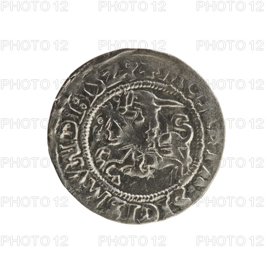 Lithuanian half-grosz, Sigismund I the Old (king of Poland; 1506–1548). Polish coin of the Jagiellon dynasty. Obverse: Pursuer (Pogonia) turned left; in the rim between pearl borders an inscription: + MON, A:SIGISMVNDI:15Z. Reverse: Polish crowned eagle; in the rim between pearly borders an inscription: + MAGNI:DVCIS:LITVA, IE:, 1528. Minted in the Grand Duchy of Lithuania, Vilnius.