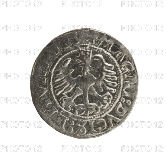 Lithuanian half-grosz, Sigismund I the Old (king of Poland; 1506–1548). Polish coin (Jagiellon dynasty). Obverse: Pursuer turned left; inscription in rim between pearl borders: + MON, A:SIGISMVNDI:15Z. Reverse: Crowned Polish eagle; inscription in rim between pearl borders: + MAGNI:DVCIS:LITVA, IE:. Date: 1528. Material: coin. Place: Grand Duchy of Lithuania, Vilnius.