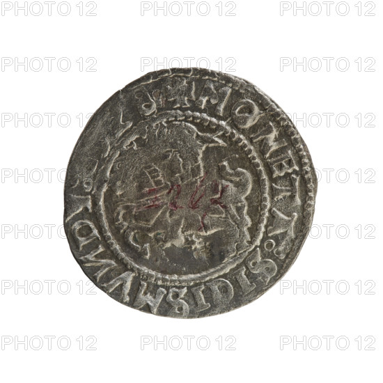 Lithuanian half-grosz, Sigismund I the Old (king of Poland; 1506–1548). Polish coin (1528), Grand Duchy of Lithuania, Vilnius. Obverse: Chaser turned left; in the rim between pearl borders an inscription: + COIN:SIGISMV, D, :, 8. Reverse: Polish eagle with a crown; in the rim between pearly borders an inscription: + MAG, I:DVCIS:LITVA, IE:, 1528. Attributes: R8 (rarity). Subjects/ motifs: coats of arms, eagles; Jagiellonian dynasty. Materials/function: coin (half-grosz).