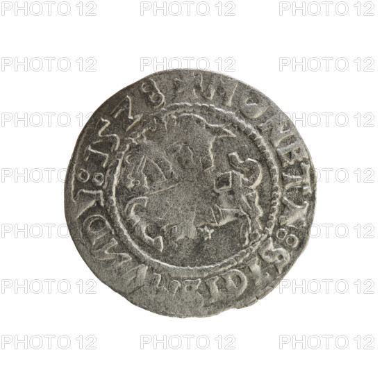 Lithuanian half-grosz, Sigismund I the Old (king of Poland; 1506–1548). Silver coin (1528). Obverse: Pursuer (Pogonia) turned left; rim between pearl borders with inscription '+ COIN:SIGI, D, :15Z8'. Reverse: Crowned Polish Eagle; rim between pearl borders with inscription 'MAG, I:DVCIS:LITVA, 1528'. Emblems: eagle and Pursuer. Function: coin of the Grand Duchy of Lithuania (Vilnius). Jagiellon dynasty.