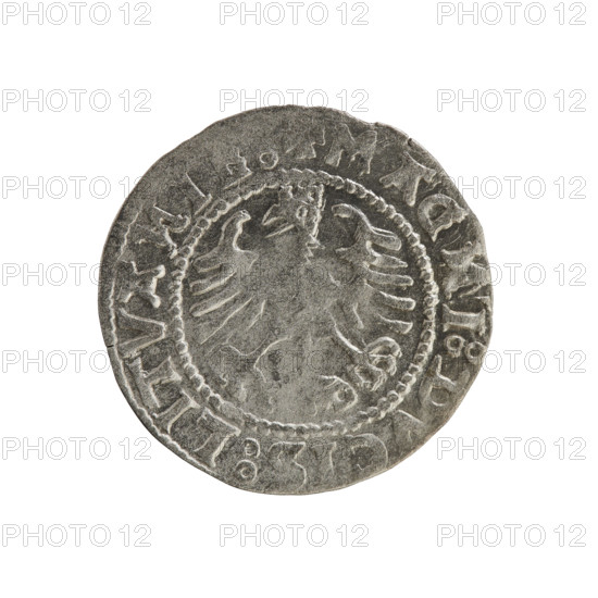 Lithuanian half-grosz, Sigismund I the Old (king of Poland; 1506–1548). Silver coin (half-grosz), 1528. Obverse: Pursuer (Pogonia) turned left; rim between pearl borders with inscription '+ COIN:SIGI, D, :15Z8'. Reverse: Polish eagle with crown; rim between pearl borders with inscription 'MAG, I:DVCIS:LITVA, 1528'. Emblems: eagles; Jagiellon dynasty. Minted in Vilnius, Grand Duchy of Lithuania.