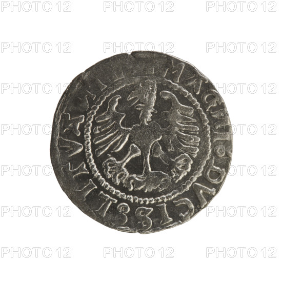 Lithuanian half-grosz, Sigismund I the Old (king of Poland; 1506–1548). R8 (rarity). Polish coin from 1528. Jagiellonian dynasty. Obverse: Chaser (coat of arms of Lithuania) turned left; in the rim between pearl borders an inscription: O SIGISMVN. Reverse: Polish crowned eagle; in the rim between pearl borders an inscription: + MAG I:DVCIS:LITVA, 1528. Material: coin; place: Vilnius, Grand Duchy of Lithuania (Poland–Lithuania).