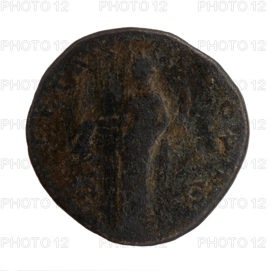 Sestertius, Antoninus Pius (86–161; Roman emperor 138–161), issuer. Obverse: head of Antoninus Pius in a laurel wreath to the right, inscription ON AVG PI–VS PP TR P XVIII. Reverse: Libertas stands left, holds a liberation cap (pileus) in his right hand and a staff (vindicta) in his left, inscription LIBERTAS–COS II, in SC. Date: 154–155. Roman Empire (27 BC–476), Rome. Coin: diameter 30.0–30.5 mm, weight 21.35 g, axis 0°. Iconography: personifications, Antoninus Pius, Libertas.