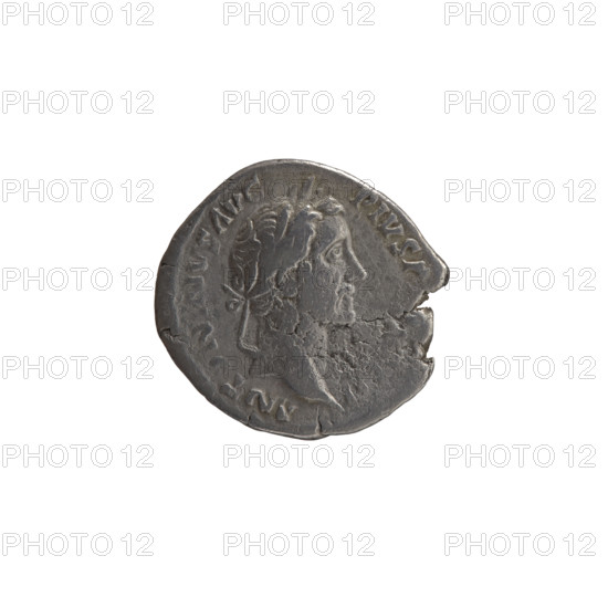 Denarius, Antoninus Pius (86–161; Roman emperor 138–161), issuer: Antoninus Pius. Obverse: head of Antoninus Pius in a laurel wreath facing right, inscription ANTONINVS AVG - PIVS P, II all around. Reverse: Annona (personification) stands left, holds ears of corn in her right hand, rests her left on a container (modius) standing on a ship, inscription TR POT XIX -, S IIII all around. Date: 155–156. Roman Empire. Mint: Rome. Coin; diameter 17.5–18.5 mm; weight 2.80 g; axis 195°.